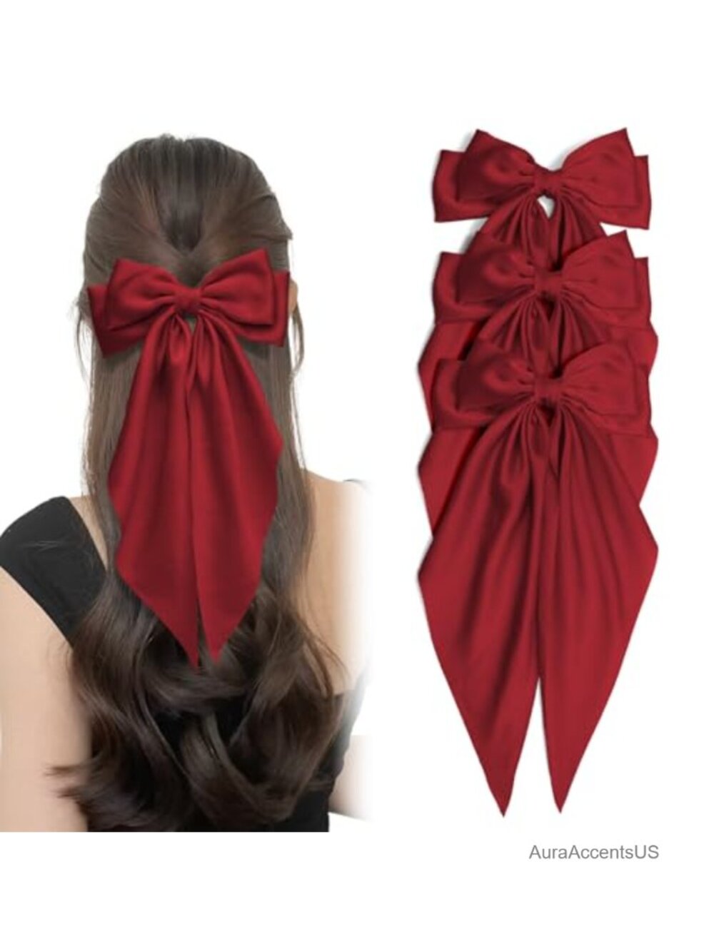 Oversized Satin Hair Bows 3-Pack Duckbill Clips Long Tail Barrettes